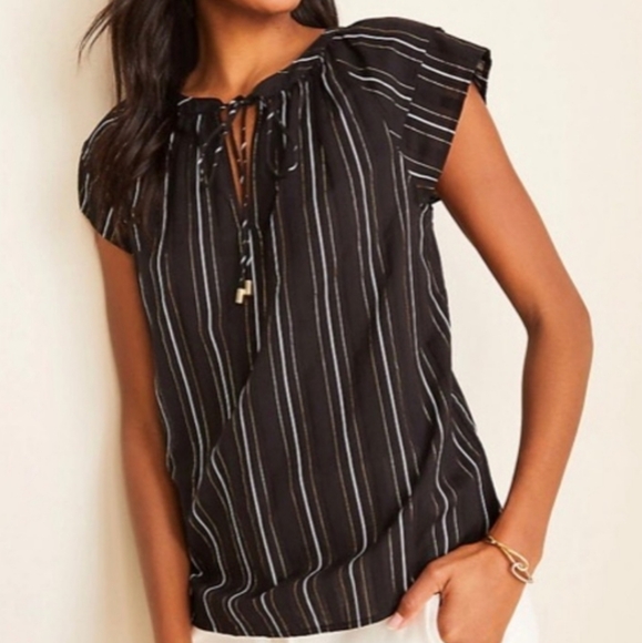 NEW Ann Taylor Black White Gold Metallic Stripe Flutter Sleeve Tie Neck Top XL - Picture 2 of 9